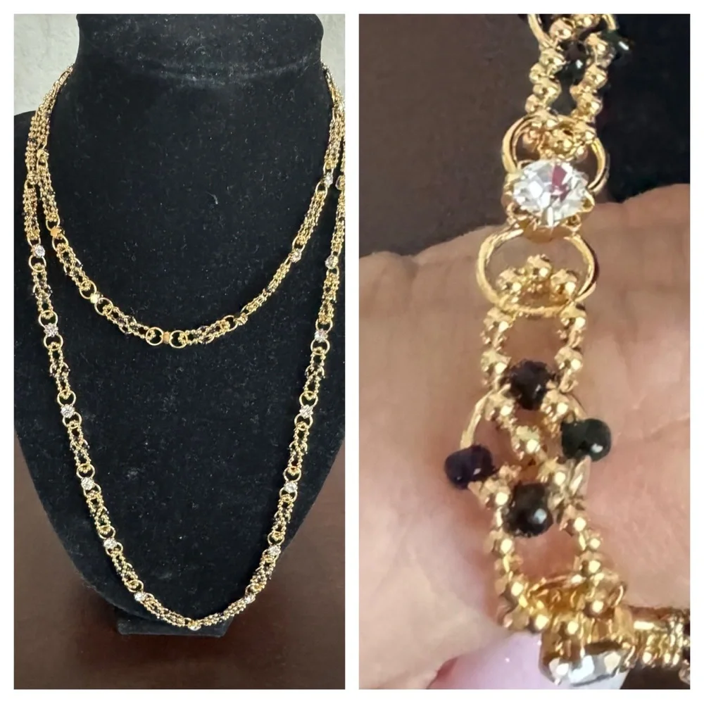 18KT GOLD PLATED CRYSTAL BLACK BEADED NECKLACE 24” - Picture 1 of 4